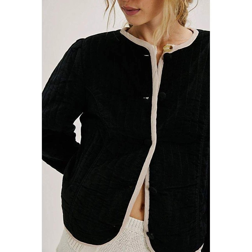 Free People Chloe Quilted Jacket Corduroy Contrast Trim Black Size S